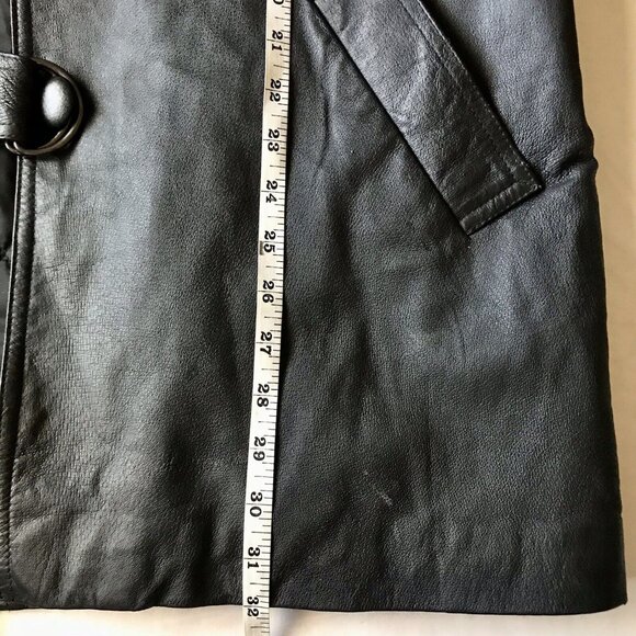 Liz Baker Black Leather Wrap Jacket 3/4 Length Belted Coat Size Petite Large - Picture 10 of 11